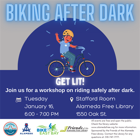 Tuesday Jan 16, 6-7PM. Bike safety after dark. 